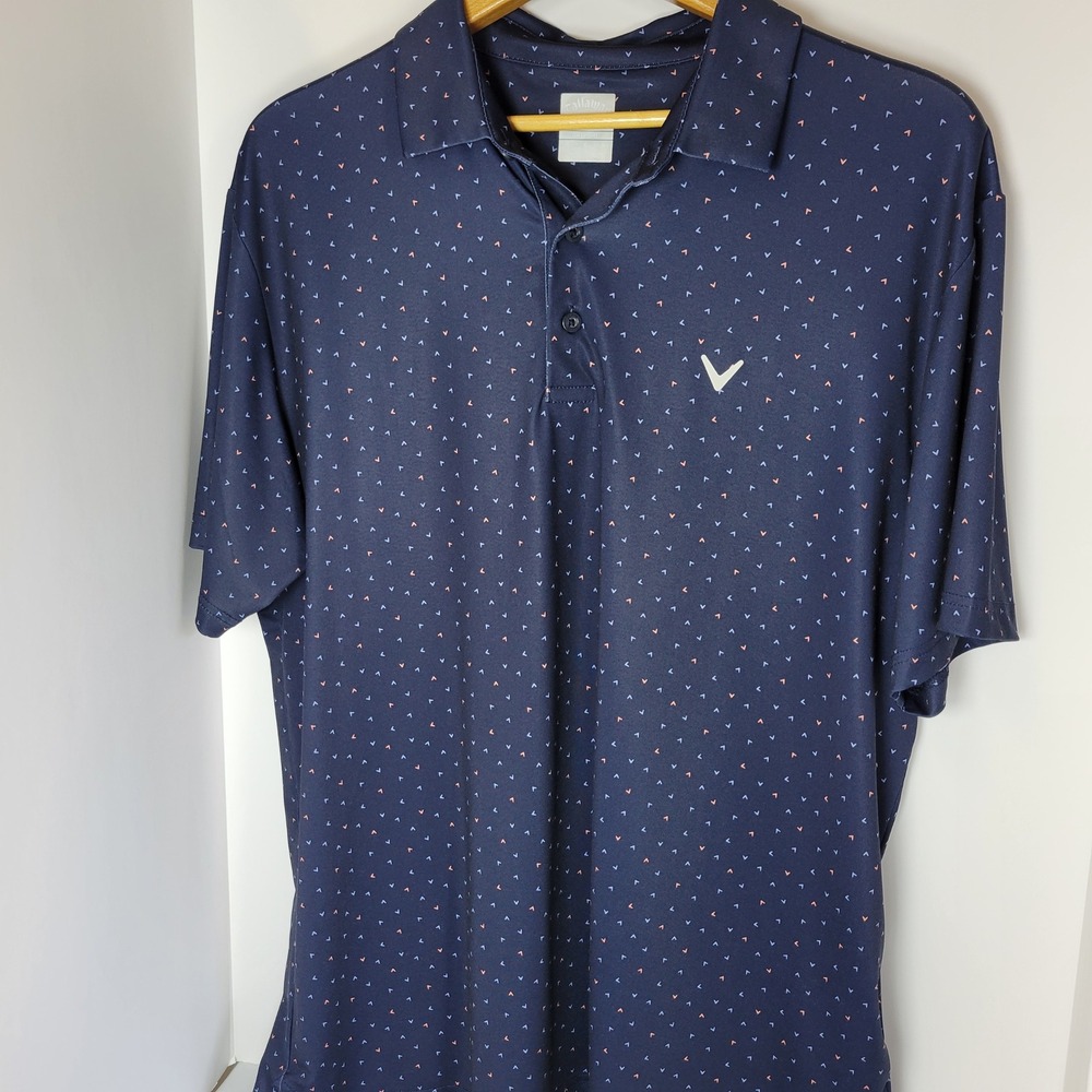 Callaway Opti-Dri Mens Large Navy Blue Chevron Print Performance Golf Polo Shirt